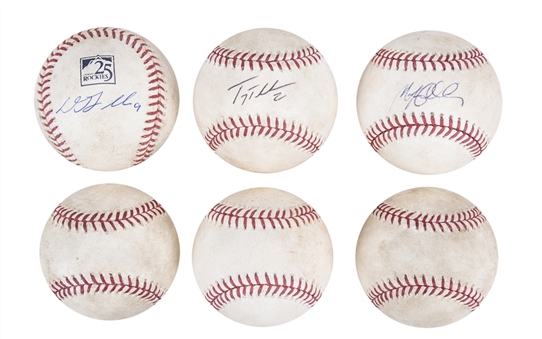 Lot of (6) MLB Stars Pitched To Game Used OML Baseball Collection Including Posey, Hamilton, Stanton, Lemahieu, Tulowitzki and Holiday (MLB Authenticated & JSA Auction LOA)